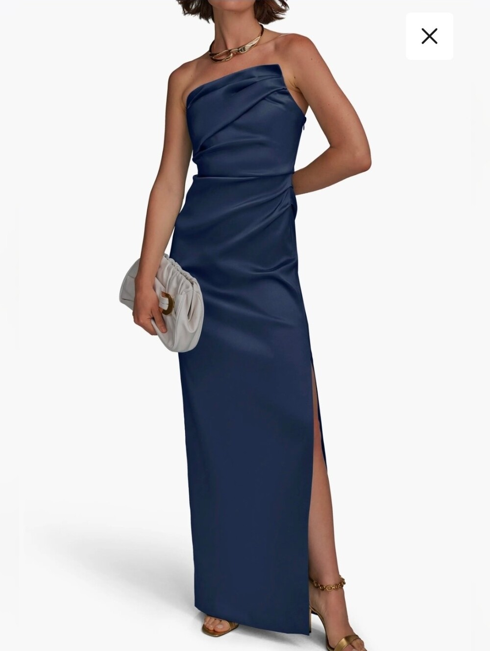Donna Karan Navy Satin Column Dress Side Slit Ruched Strapless Gown Size 14 Bra